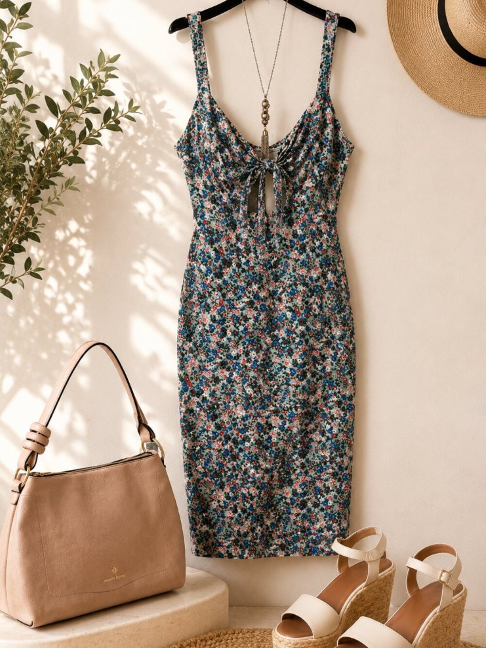 BCBG Paris Floral Peephole Midi Dress XXL Cottagecore Resort Summer